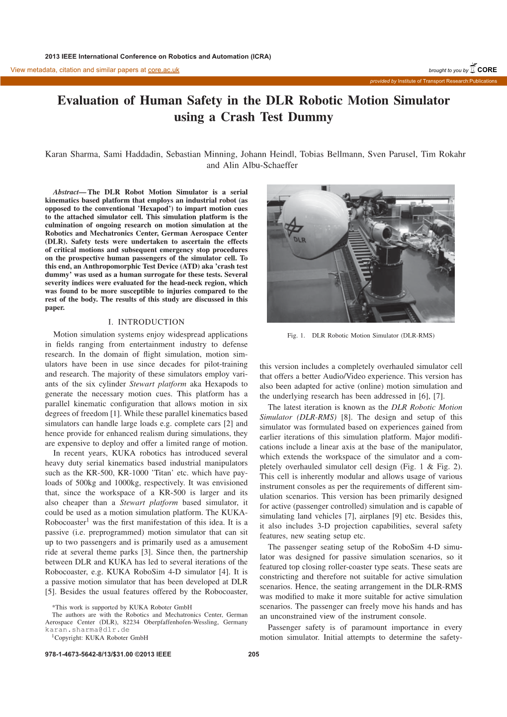 Evaluation of Human Safety in the DLR Robotic Motion Simulator Using a Crash Test Dummy
