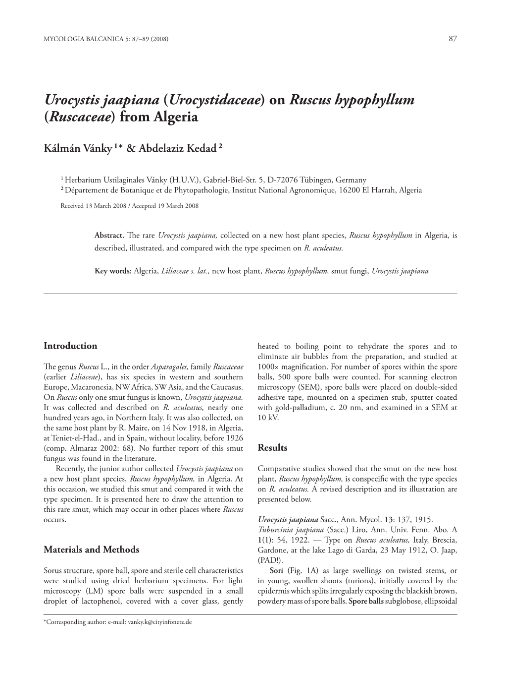 Urocystis Jaapiana (Urocystidaceae) on Ruscus Hypophyllum (Ruscaceae) from Algeria