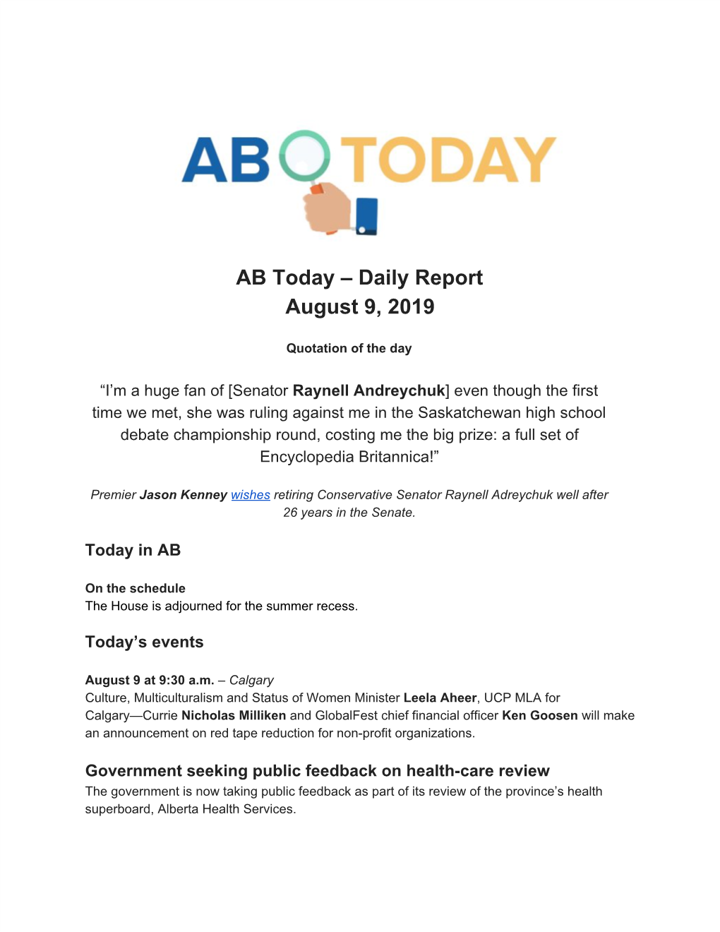 AB Today – Daily Report August 9, 2019