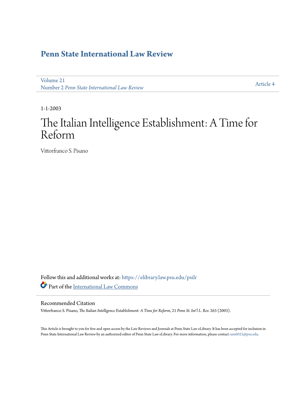 The Italian Intelligence Establishment: a Time for Reform, 21 Penn St