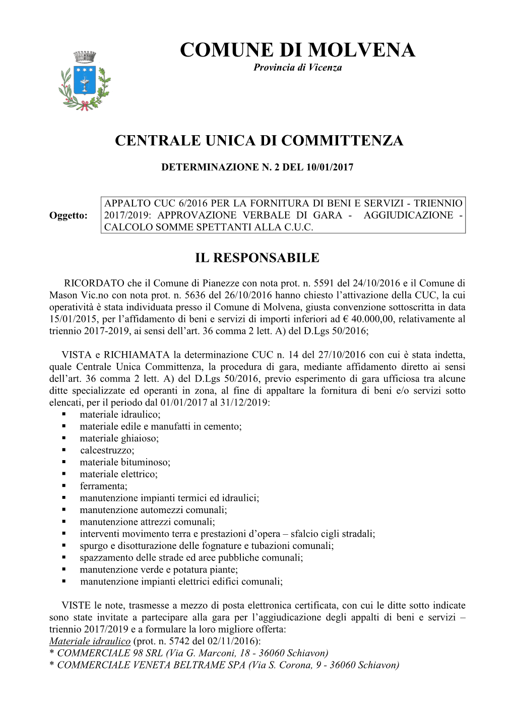 COMUNE DI MOLVENA Provincia Di Vicenza