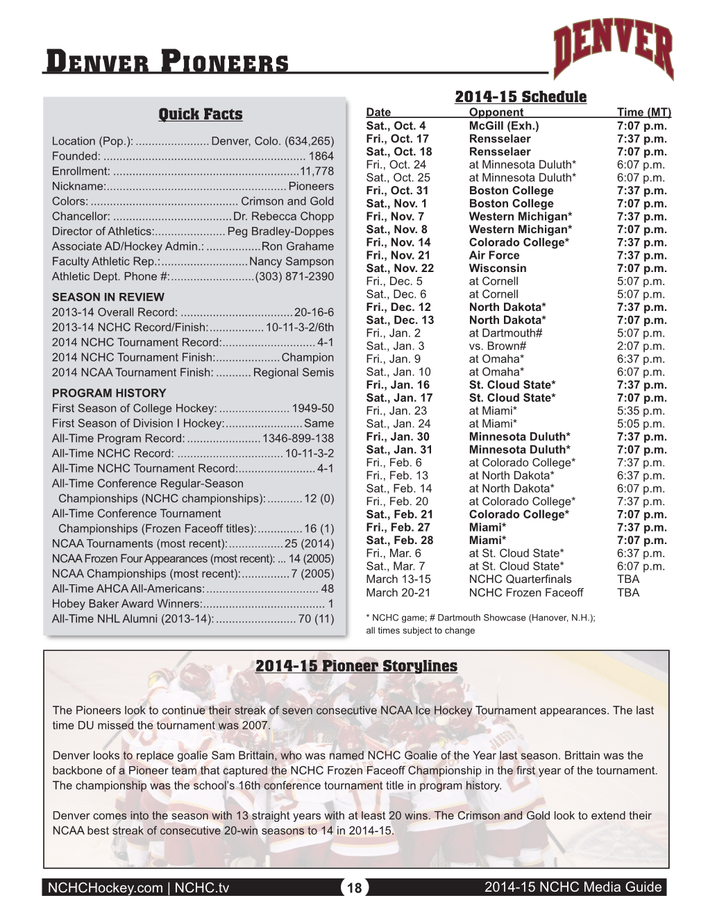 Denver Pioneers 2014-15 Schedule Quick Facts Date Opponent Time (MT) Sat., Oct