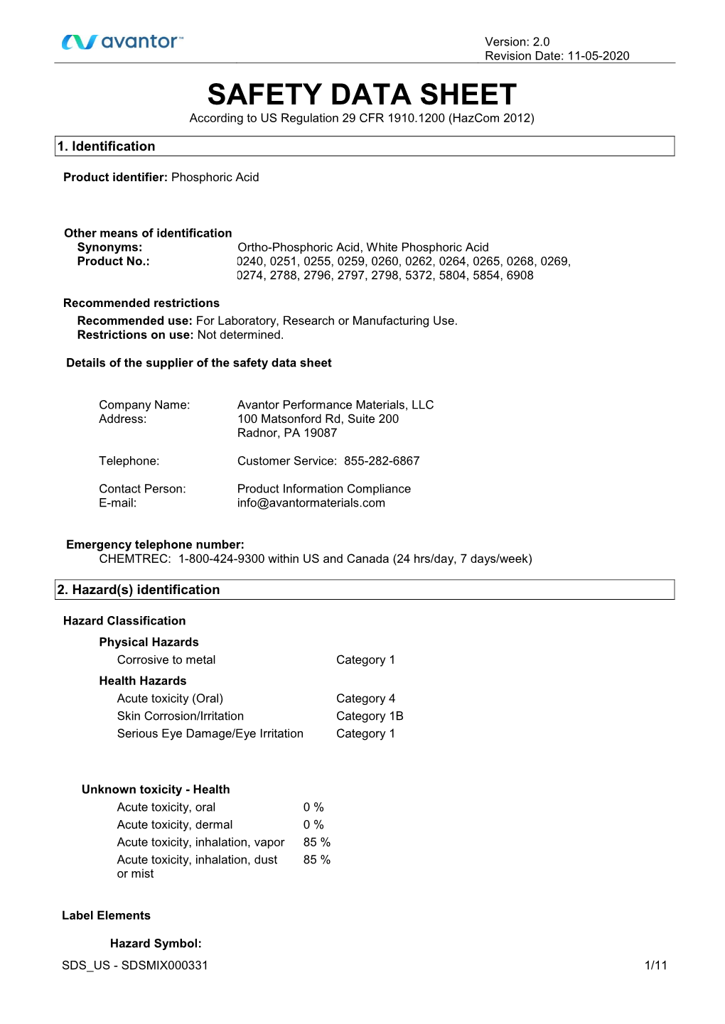 SAFETY DATA SHEET According to US Regulation 29 CFR 1910.1200 (Hazcom 2012)