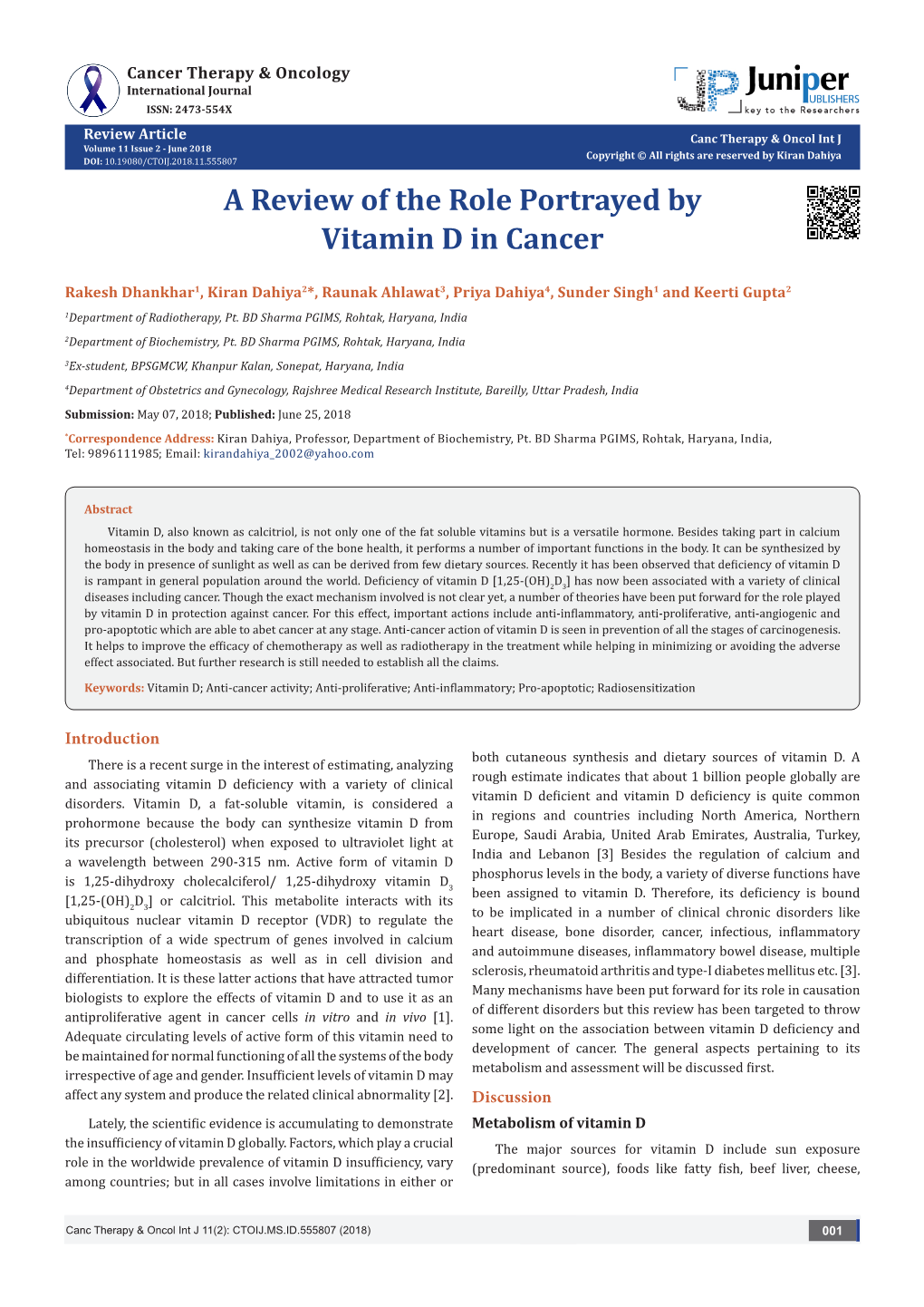 A Review of the Role Portrayed by Vitamin D in Cancer