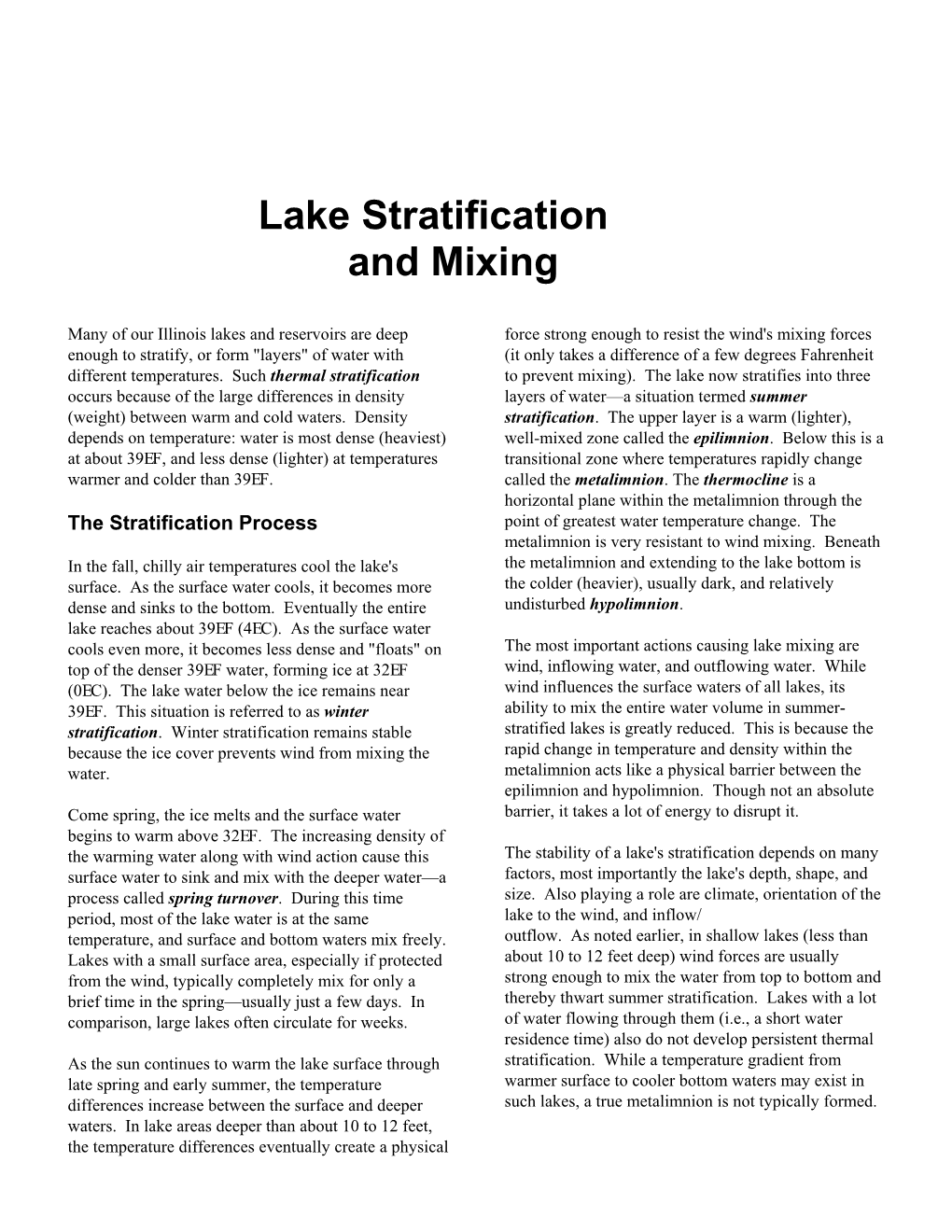 Lake Stratification and Mixing