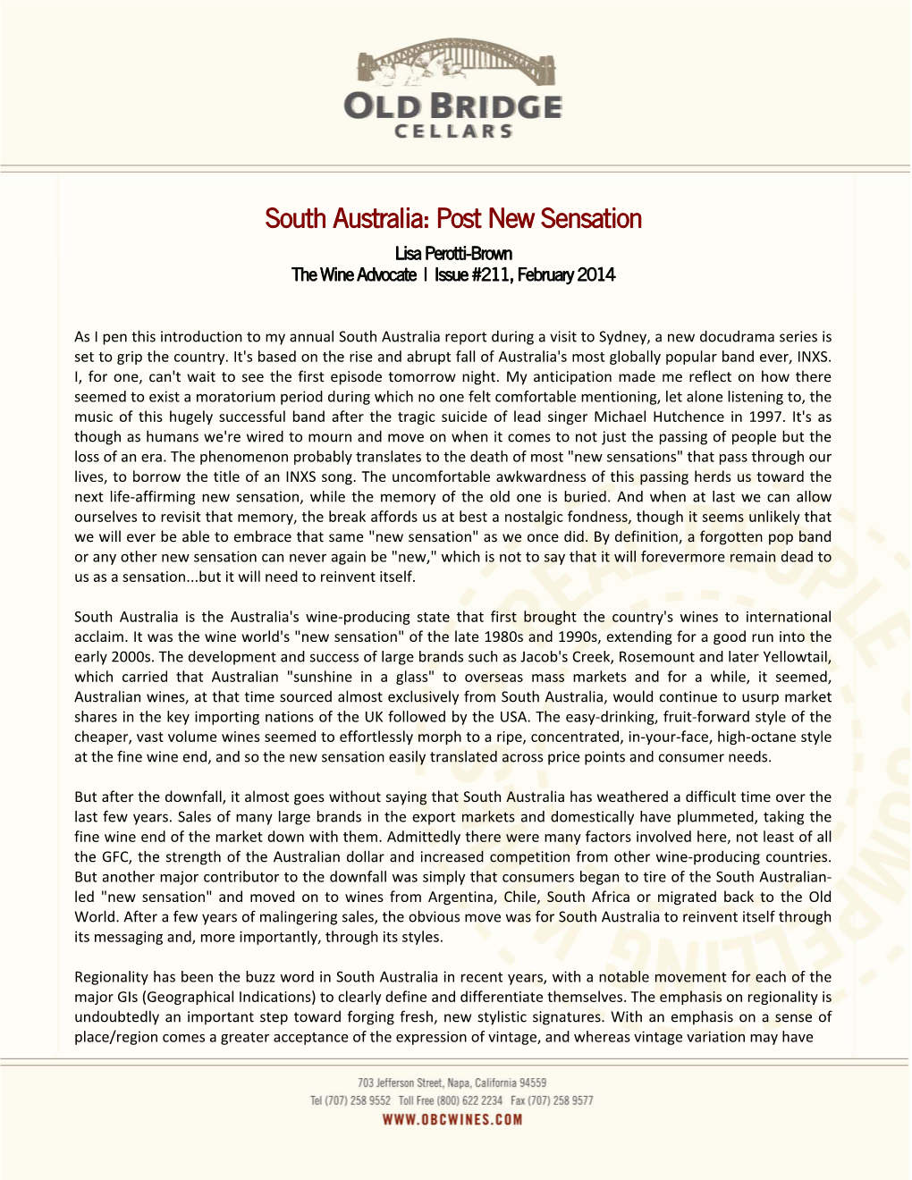 South Australia: Post New Sensation Lisa Perotti-Brown the Wine Advocate | Issue #211, February 2014
