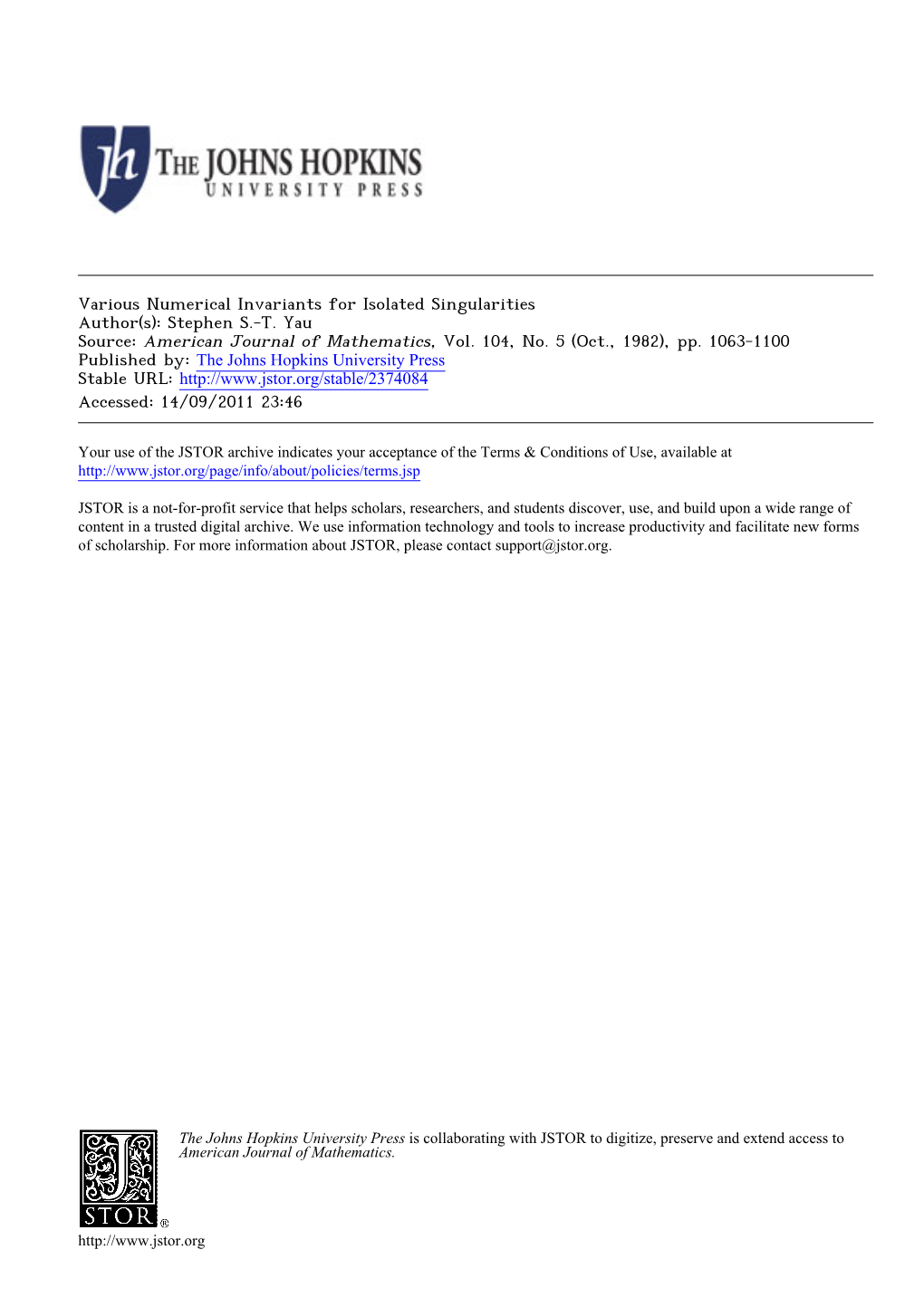 Various Numerical Invariants for Isolated Singularities Author(S): Stephen S.-T