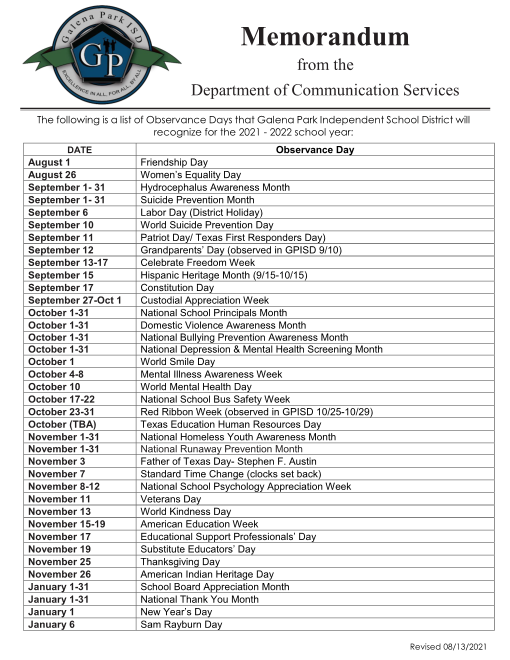 GPISD 2021-2022 Observance Day Calendar