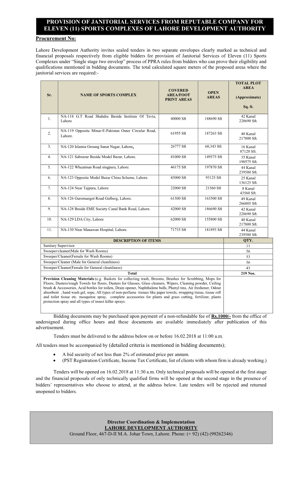 PROVISION of JANITORIAL SERVICES from REPUTABLE COMPANY for ELEVEN (11) SPORTS COMPLEXES of LAHORE DEVELOPMENT AUTHORITY Procurement No