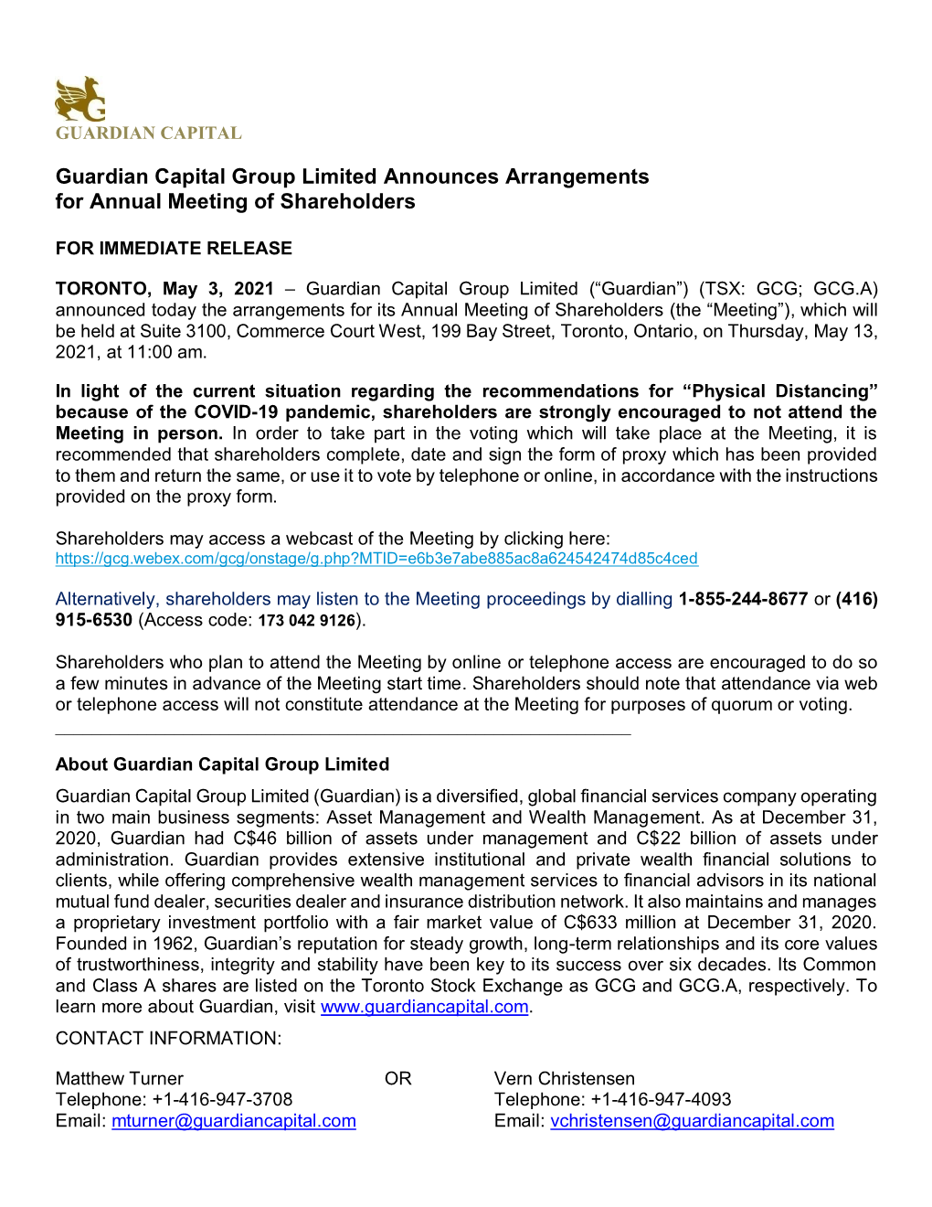 Guardian Capital Group Limited Announces Arrangements for Annual Meeting of Shareholders