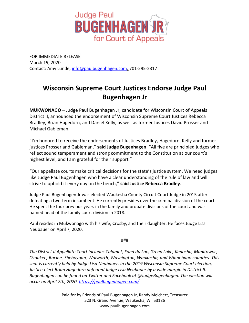 Wisconsin Supreme Court Justices Endorse Judge Paul Bugenhagen Jr