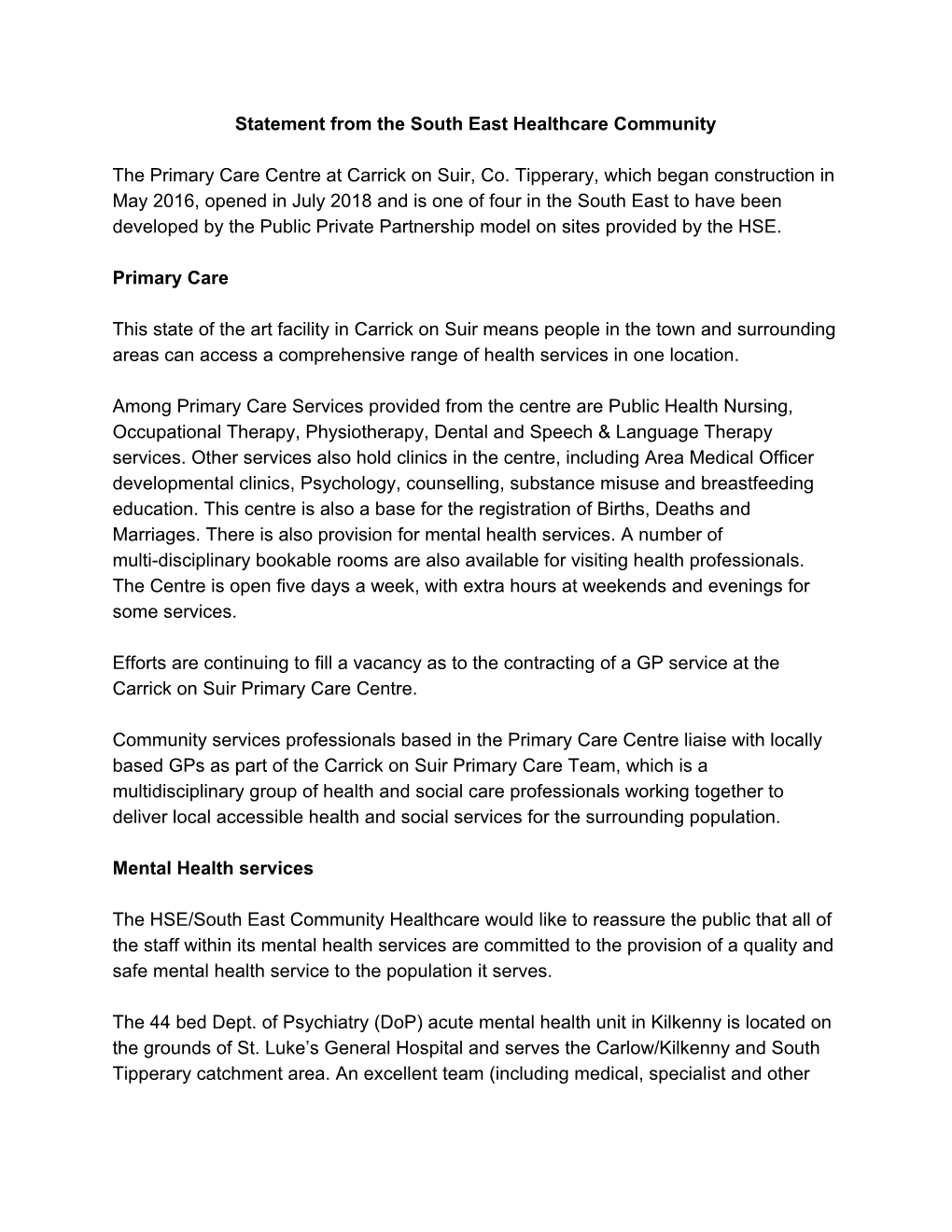 Statement from the South East Healthcare Community the Primary