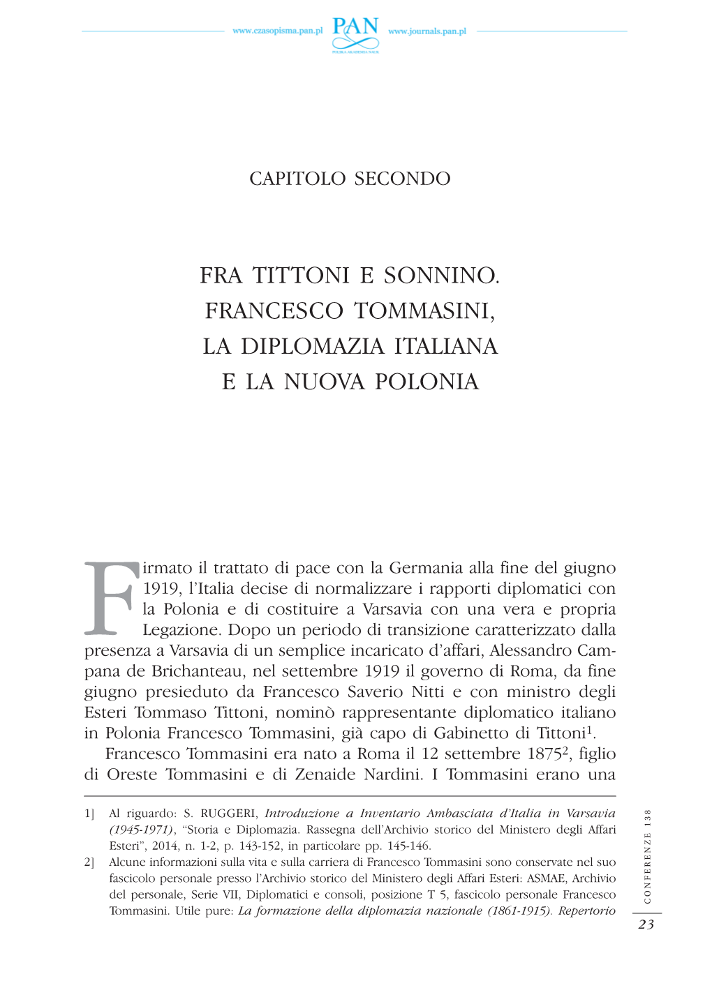 Fra Tittoni E Sonnino. Francesco Tommasini, La Diplomazia Italiana E La Nuova Polonia