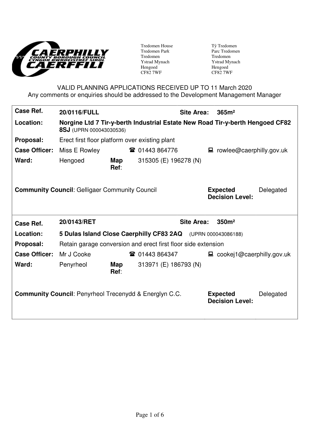 Page 1 of 6 VALID PLANNING APPLICATIONS RECEIVED up TO