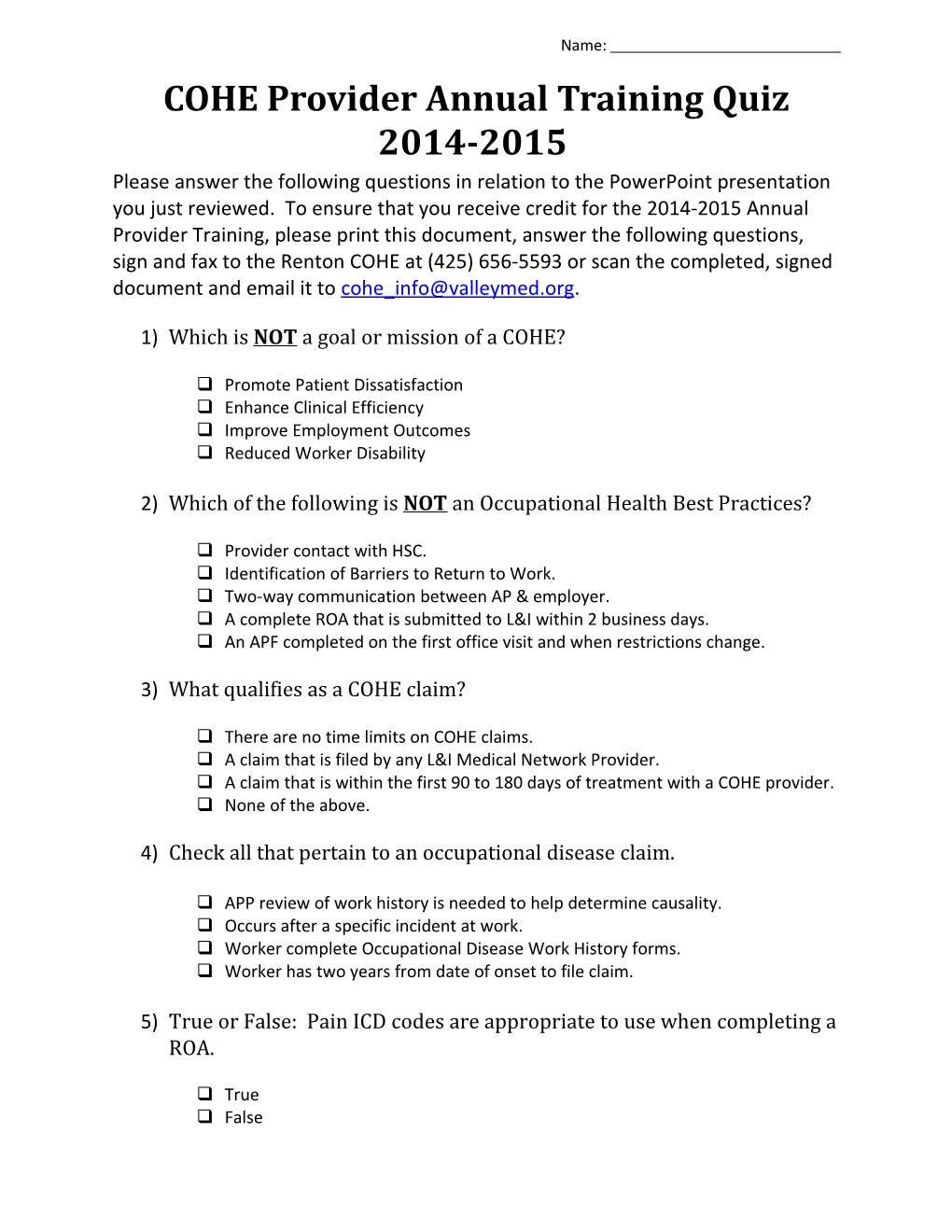 COHE Provider Annual Training Quiz 2014-2015 Page 2