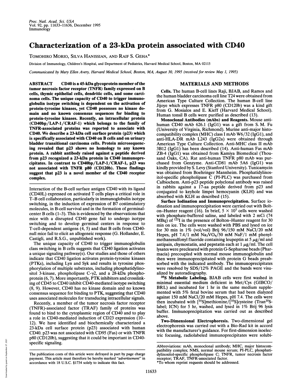 Characterization of a 23-Kda Protein Associated with CD40 TOMOHIRO MORIO, SILVA HANISSIAN, and RAIF S