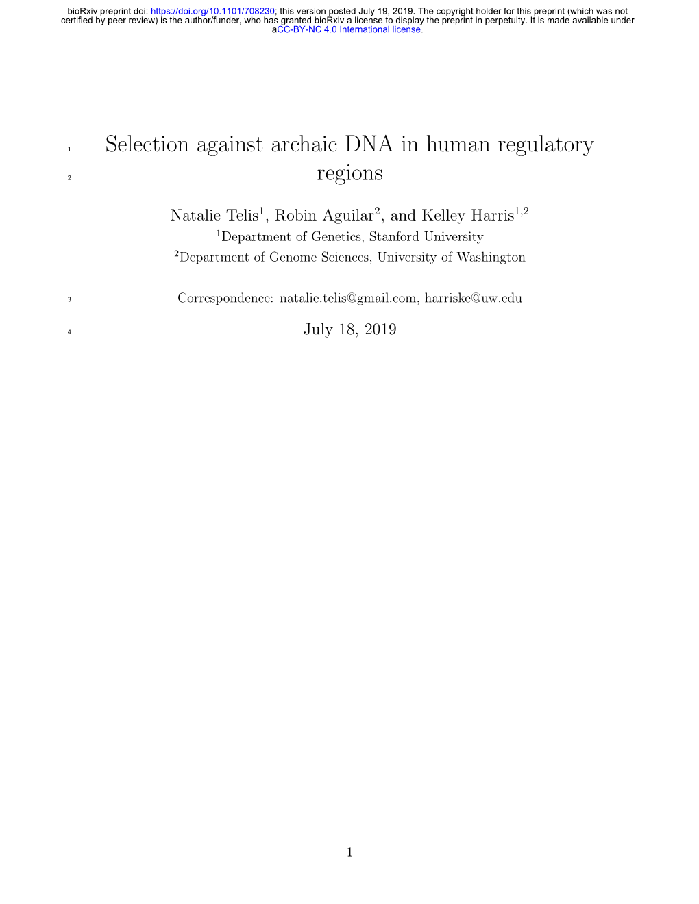 Selection Against Archaic DNA in Human Regulatory Regions