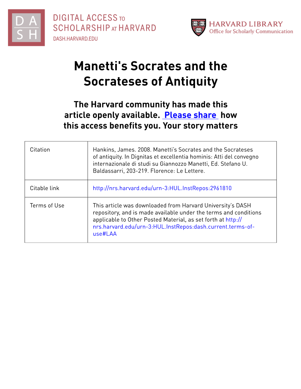 Manetti's Socrates and the Socrateses of Antiquity