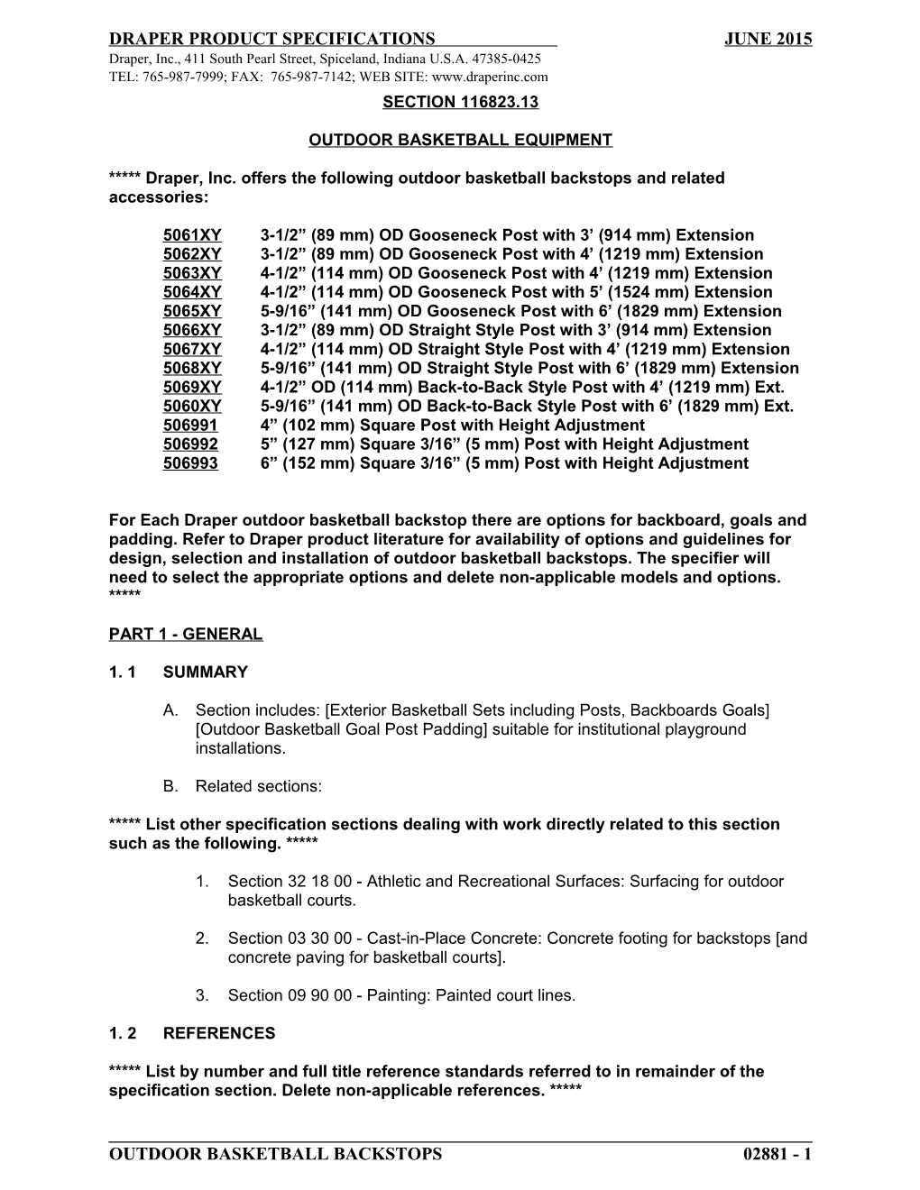 Draper Product Specifications June 2015