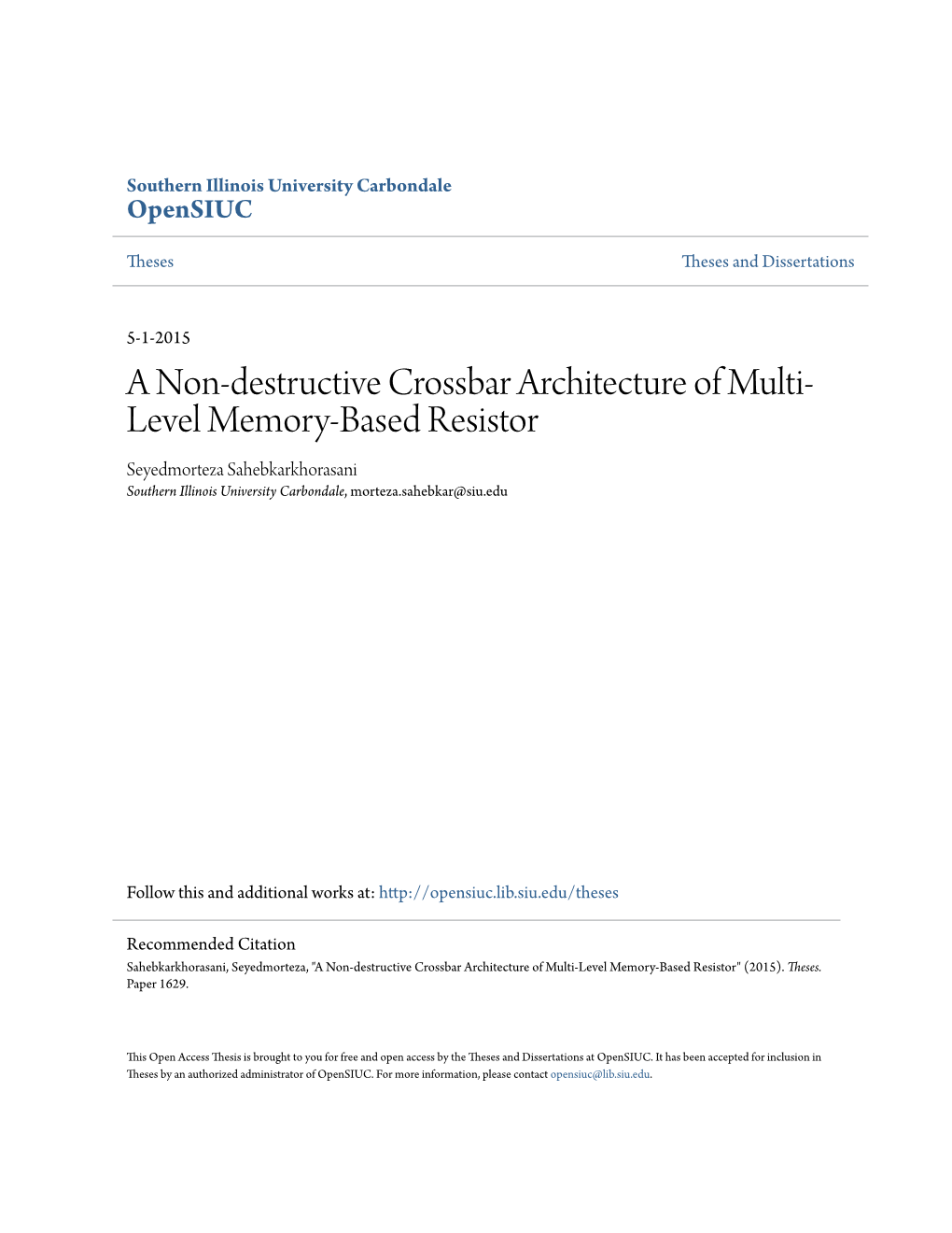 A Non-Destructive Crossbar Architecture of Multi-Level Memory-Based Resistor