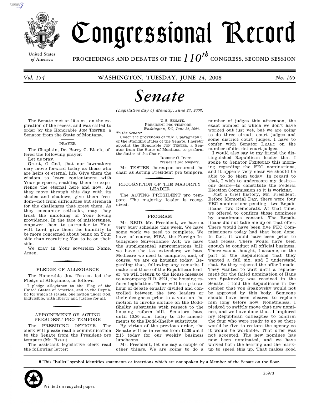 Congressional Record United States Th of America PROCEEDINGS and DEBATES of the 110 CONGRESS, SECOND SESSION