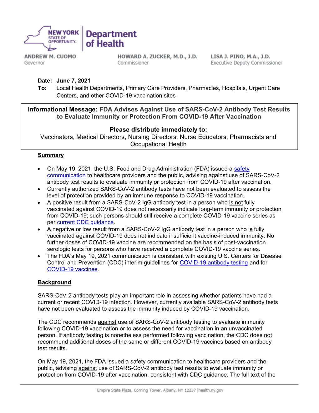 FDA Advises Against Use of SARS-Cov-2 Antibody Test Results to Evaluate Immunity Or Protection from COVID-19 After Vaccination