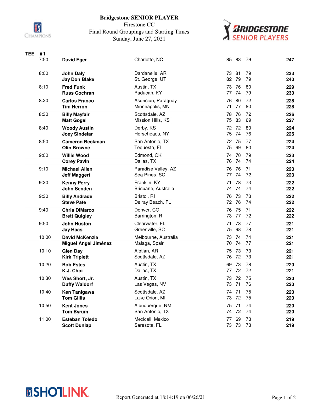 Bridgestone SENIOR PLAYER Firestone CC Final Round Groupings and Starting Times Sunday, June 27, 2021