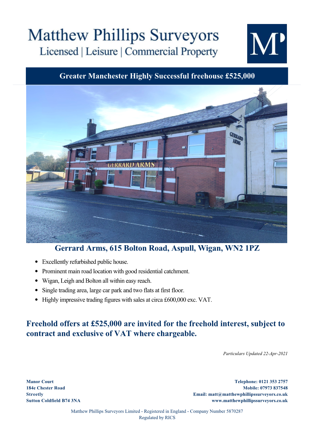 Gerrard Arms, 615 Bolton Road, Aspull, Wigan, WN2 1PZ Freehold