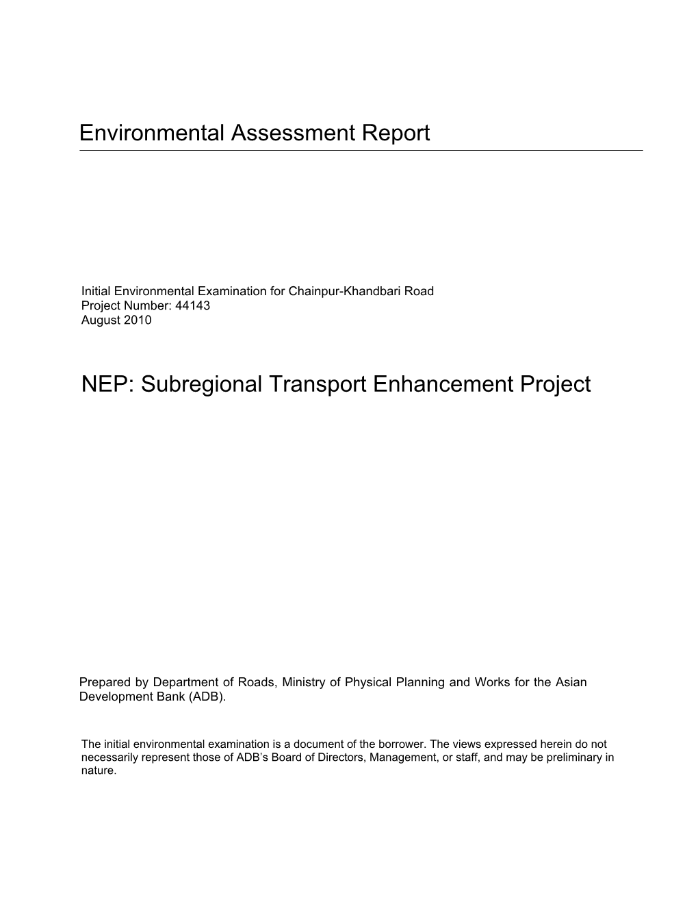 Initial Environmental Examination: Nepal, Chainpur-Khandbari Road