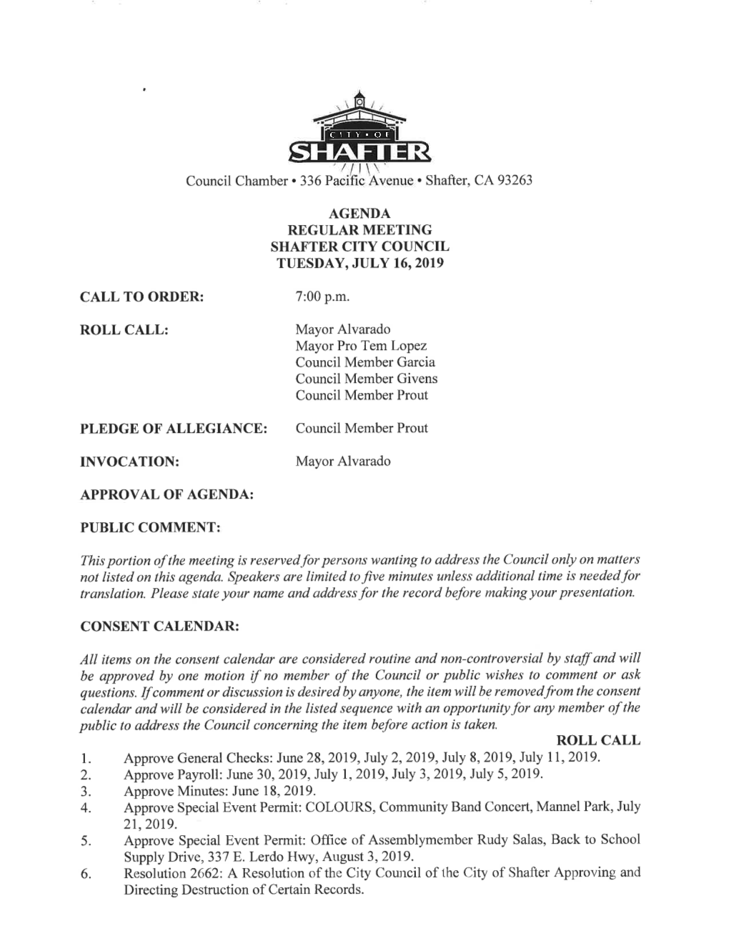City Council Agenda July 16, 2019 Amended