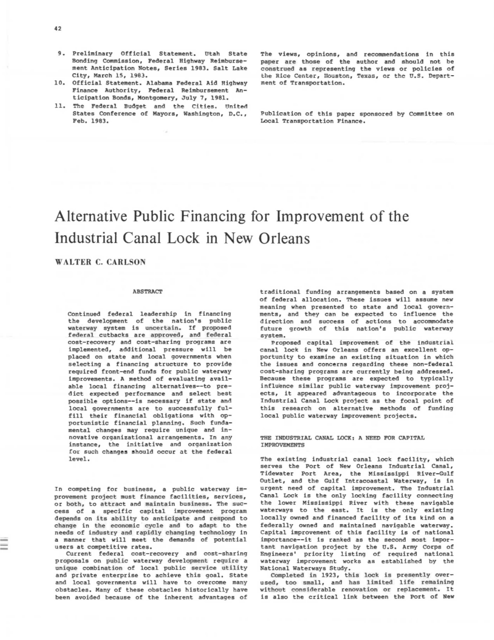 Alternative Public Financing for Improvement of the Industrial Canal Lock in New Orleans