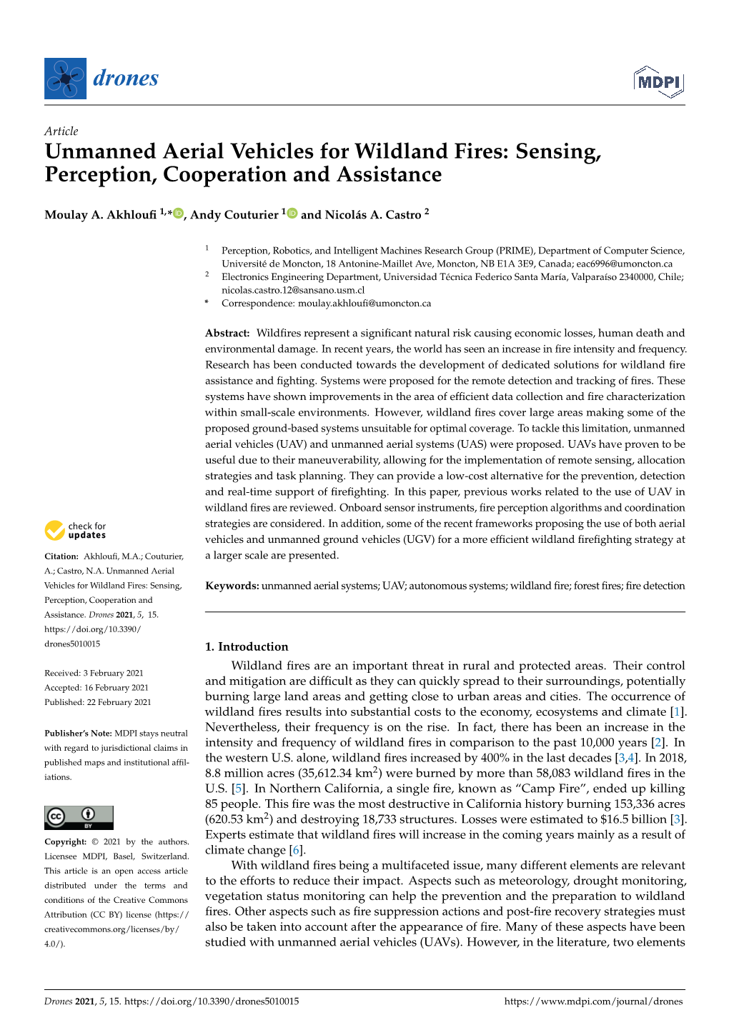 Unmanned Aerial Vehicles for Wildland Fires: Sensing, Perception, Cooperation and Assistance