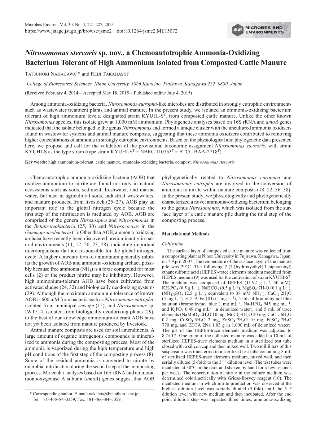 Nitrosomonas Stercoris Sp. Nov., a Chemoautotrophic Ammonia-Oxidizing Bacterium Tolerant of High Ammonium Isolated from Composted Cattle Manure
