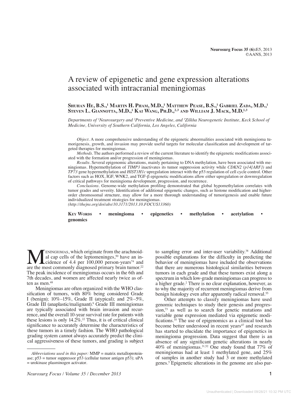 A Review of Epigenetic and Gene Expression Alterations Associated with Intracranial Meningiomas