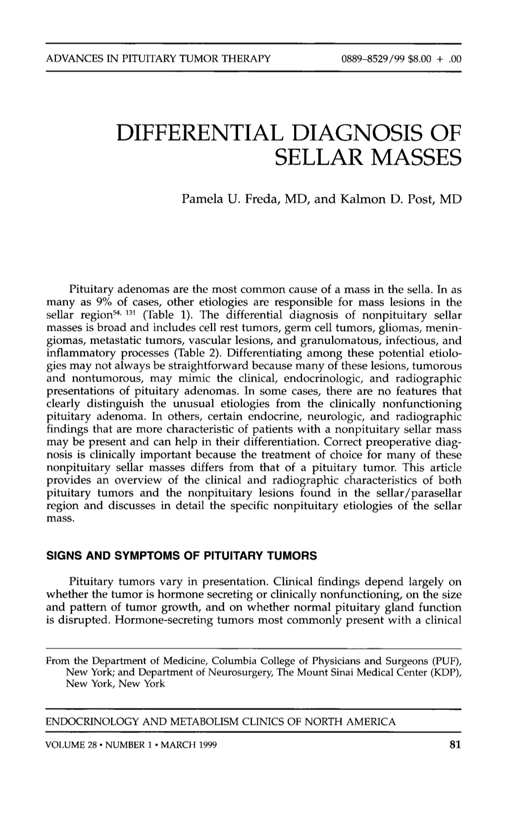 Differential Diagnosis of Sellar Masses