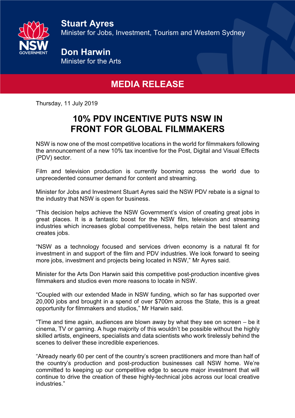 Stuart Ayres Don Harwin MEDIA RELEASE 10% PDV INCENTIVE PUTS NSW in FRONT for GLOBAL FILMMAKERS