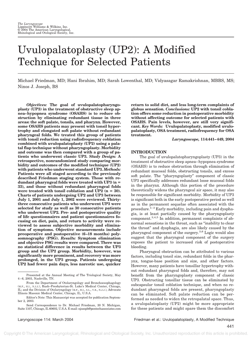 Uvulopalatoplasty (UP2): a Modified Technique for Selected Patients