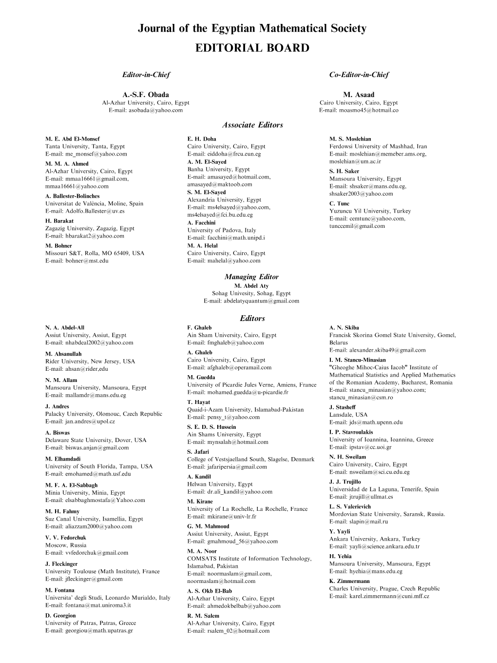 Journal of the Egyptian Mathematical Society EDITORIAL BOARD