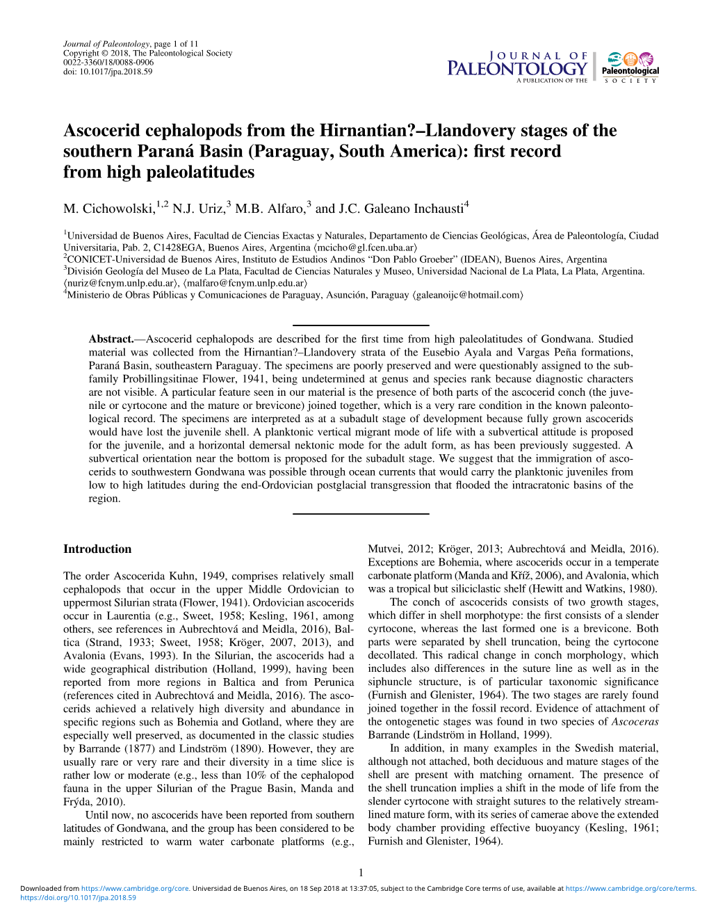 Ascocerid Cephalopods from the Hirnantian?–Llandovery Stages of the Southern Paraná Basin (Paraguay, South America): ﬁrst Record from High Paleolatitudes