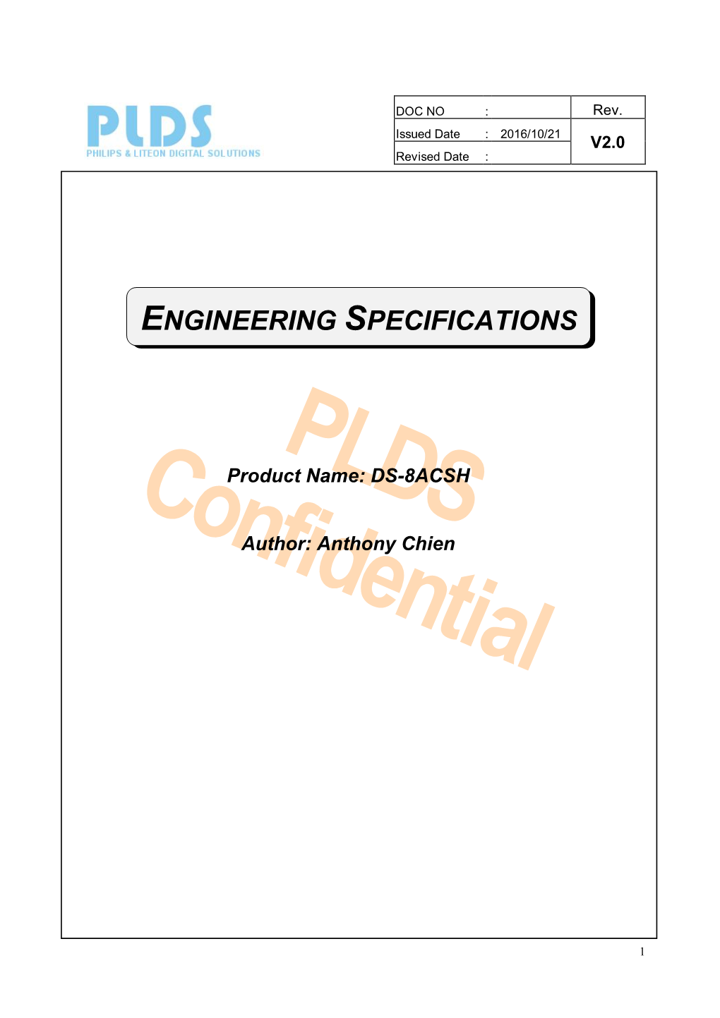 Engineering Specifications of Super Dual “DS-8ACSH”, a Slim Type DVDRW Drive