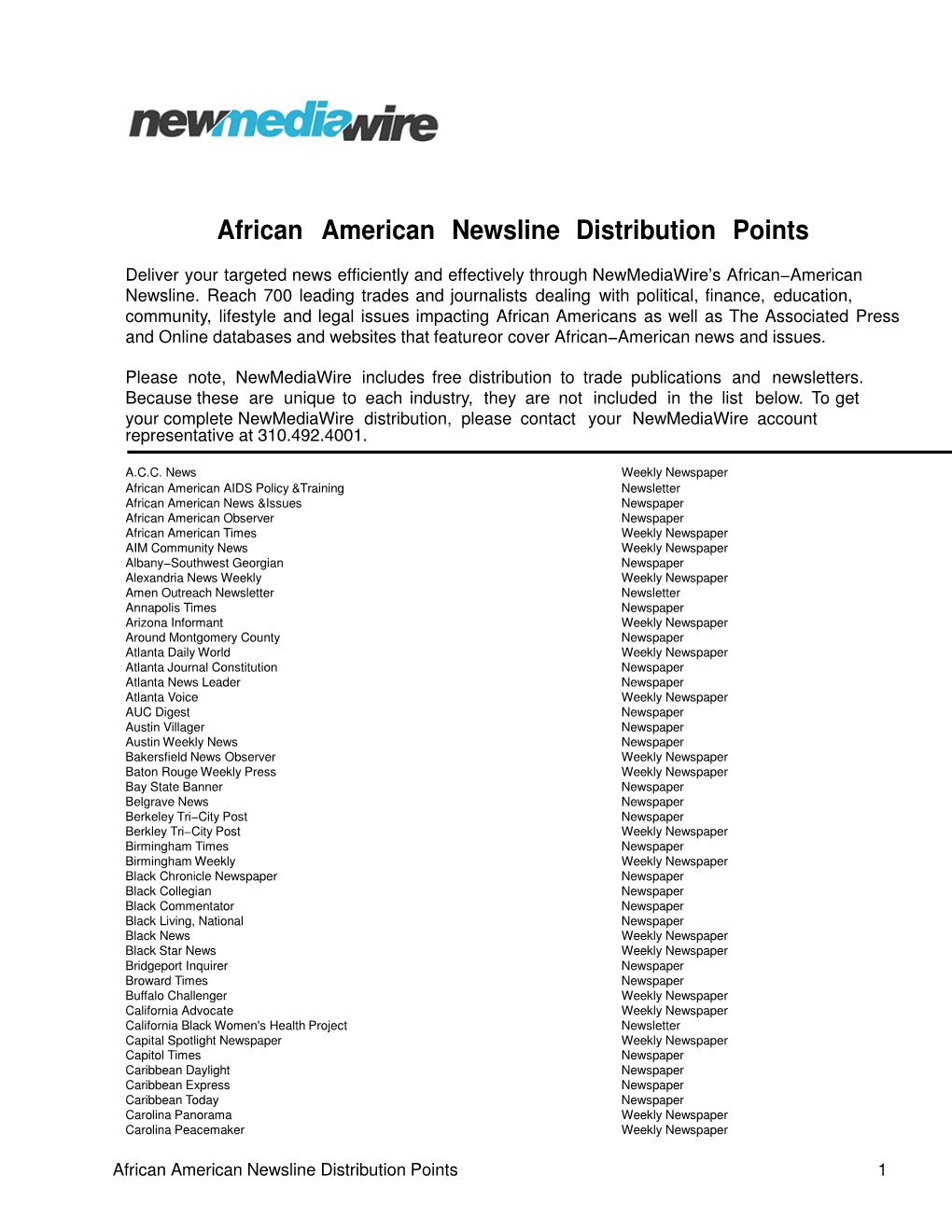 African American Newsline Distribution Points