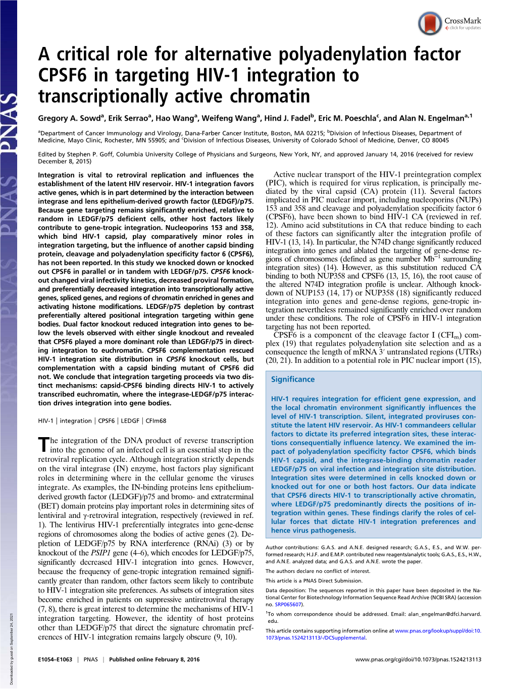 A Critical Role for Alternative Polyadenylation Factor CPSF6 in Targeting HIV-1 Integration to Transcriptionally Active Chromatin
