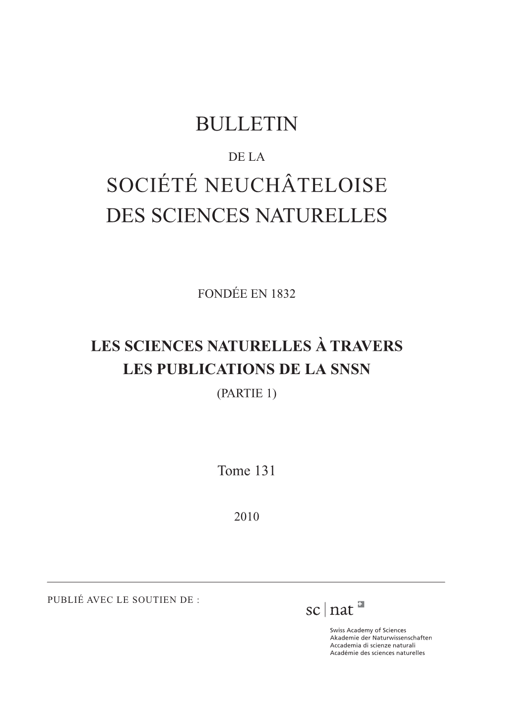 Bulletin Société Neuchâteloise Des Sciences