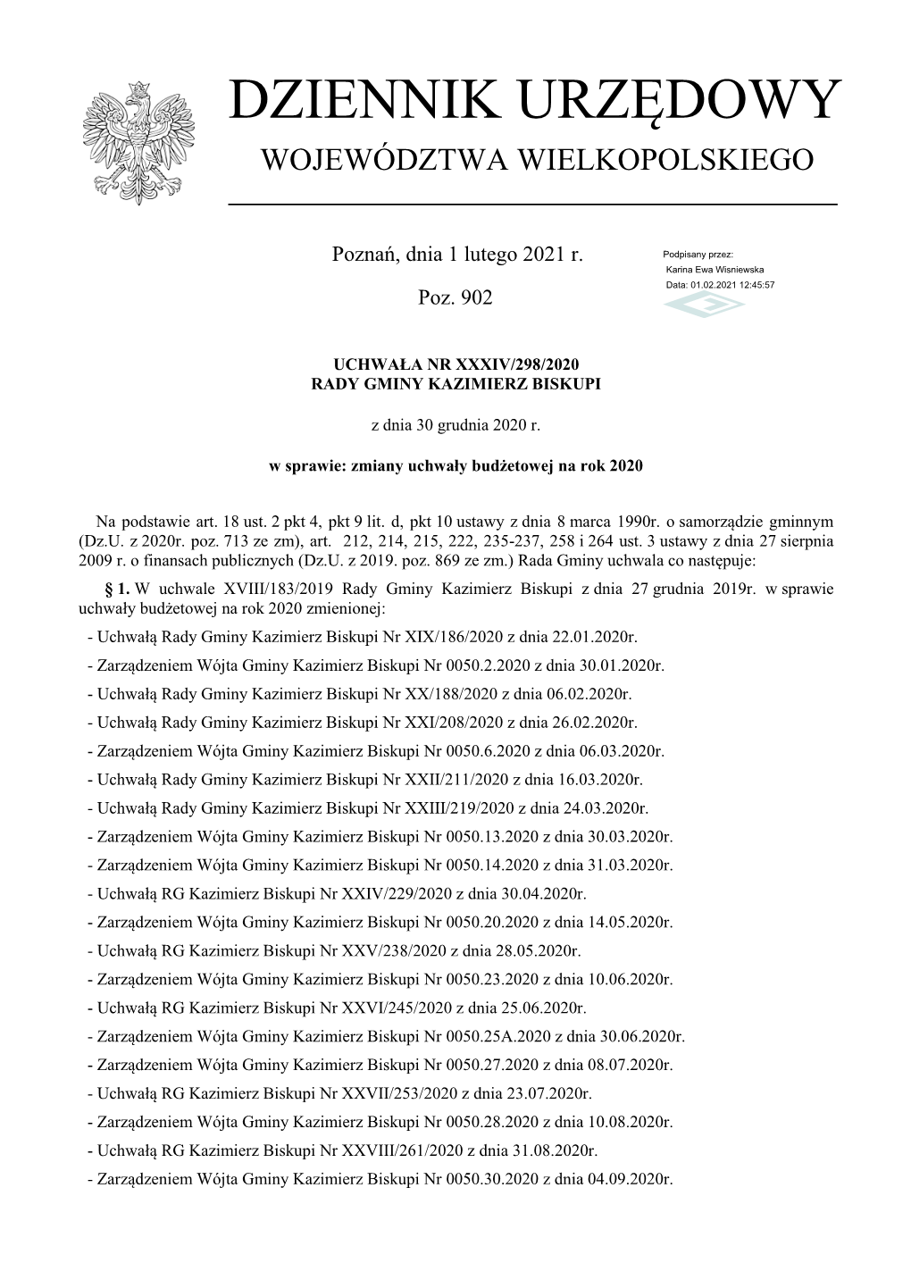 Uchwała Nr XXXIV/298/2020 Z Dnia 30 Grudnia 2020 R