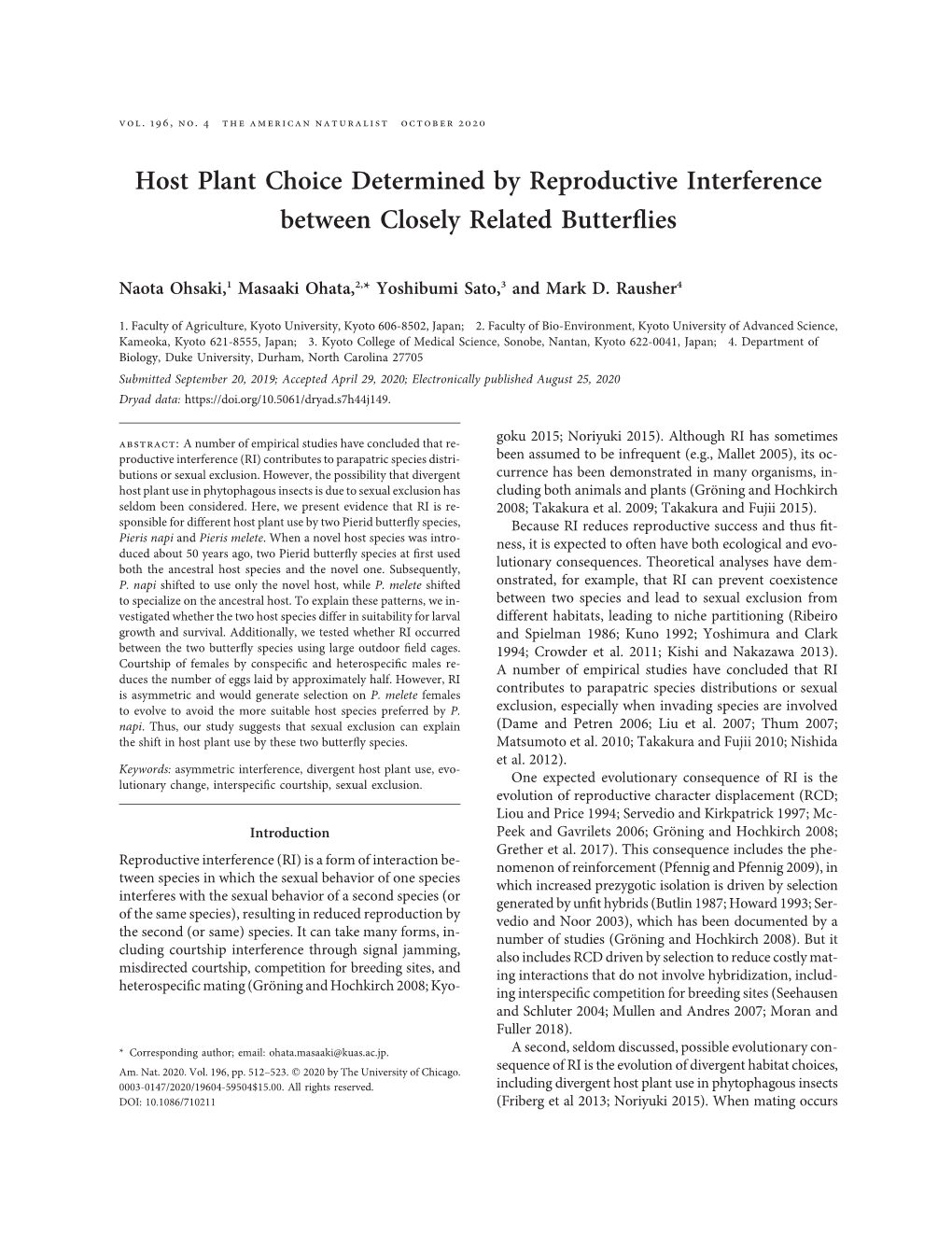 Host Plant Choice Determined by Reproductive Interference Between Closely Related Butterﬂies