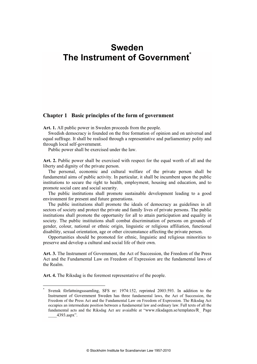 Sweden the Instrument of Government*
