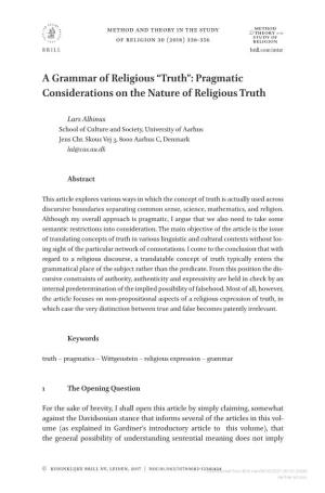 A Grammar of Religious “Truth”: Pragmatic Considerations on the Nature of Religious Truth