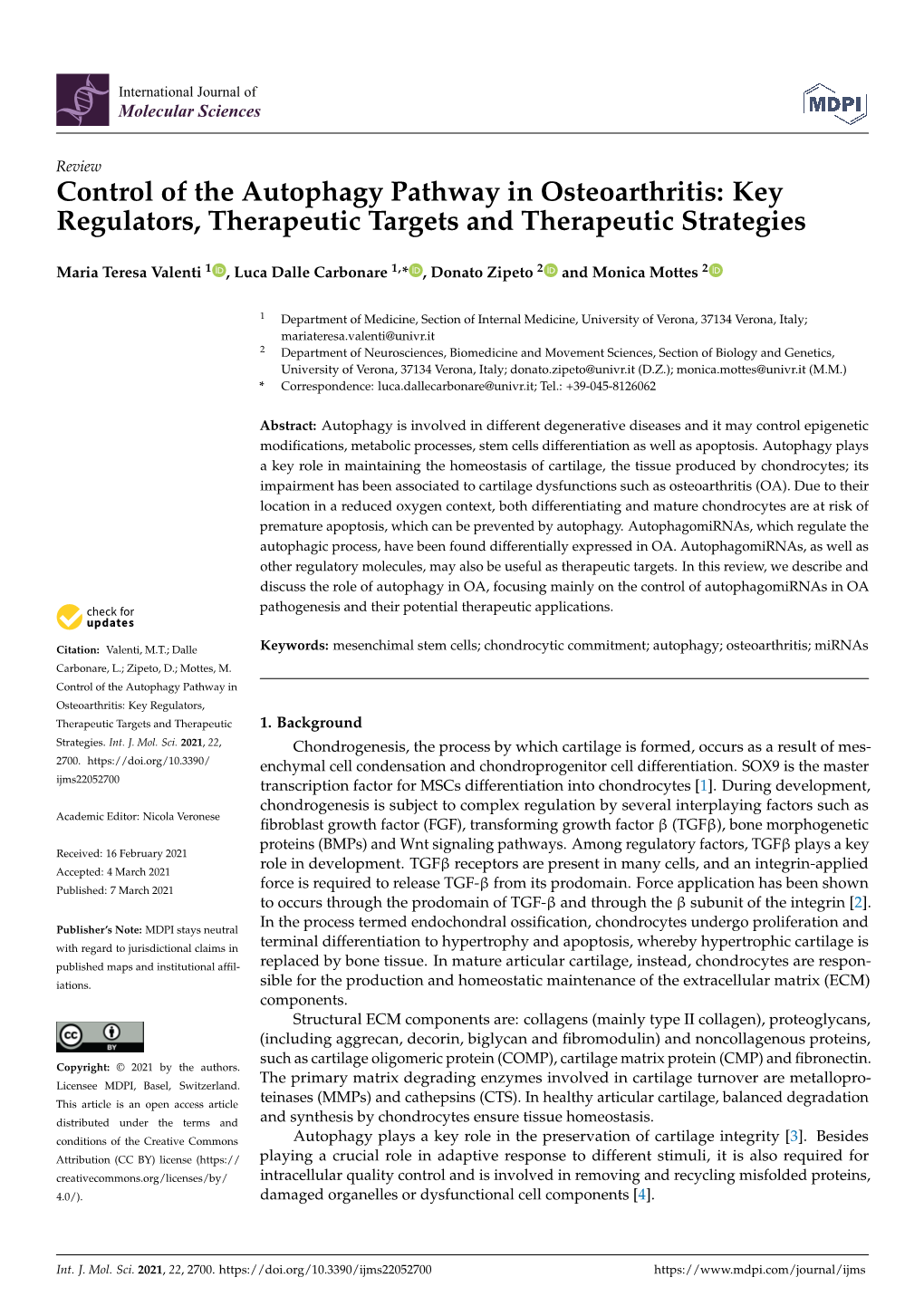 Control of the Autophagy Pathway in Osteoarthritis: Key Regulators, Therapeutic Targets and Therapeutic Strategies