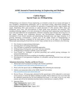 ASME Journal of Nanotechnology in Engineering and Medicine Call For