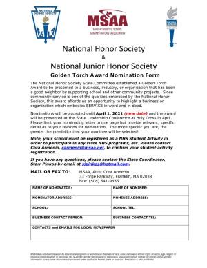 National Junior Honor Society Golden Torch Award Nomination Form